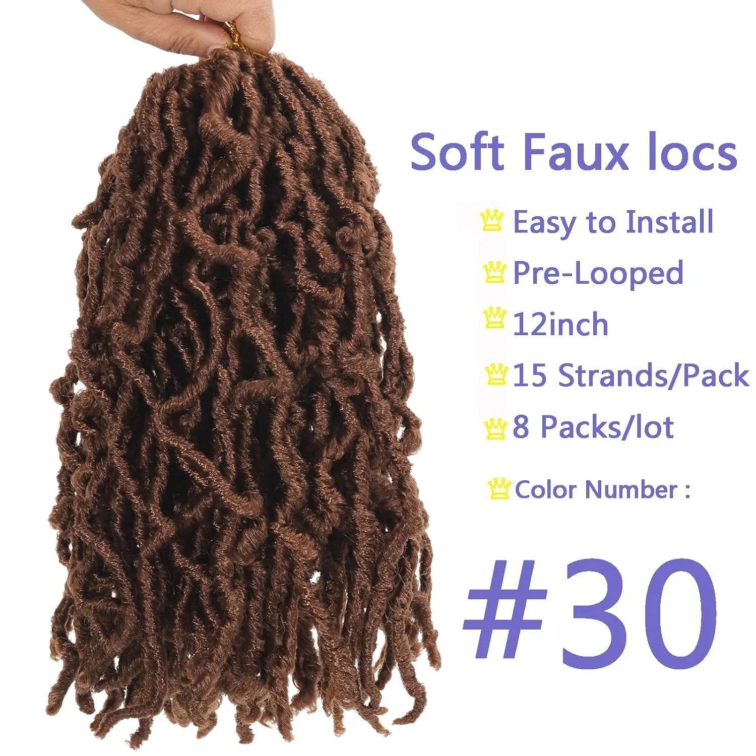 8 Packs Short Faux Locs Crochet Hair Brown 12Inch Soft Locs wavy 120 Strands Dreadlocks Crochet Braids Natural Pre-Looped Crochet Hair for Black Women (12 Inch (Pack of 8), 30)