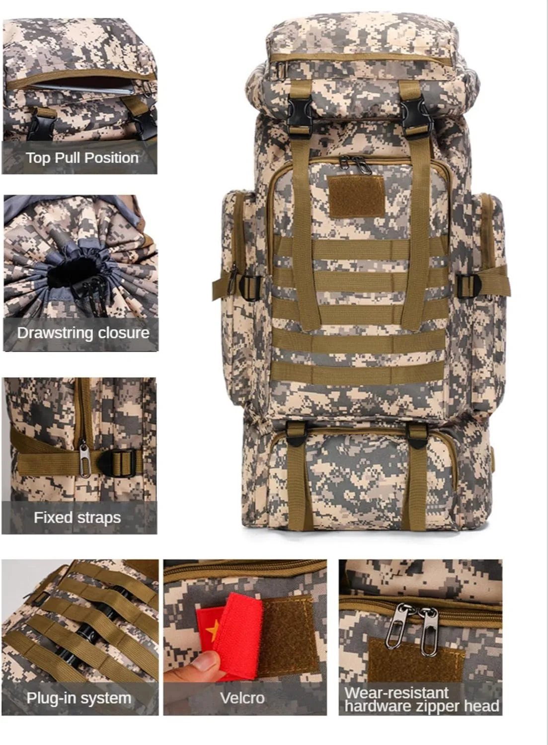 80L Tactical Backpack Military Hiking Daypacks Hunting Fishing Camping Training Outdoor Waterproof Rucksack (Desert camouflage)