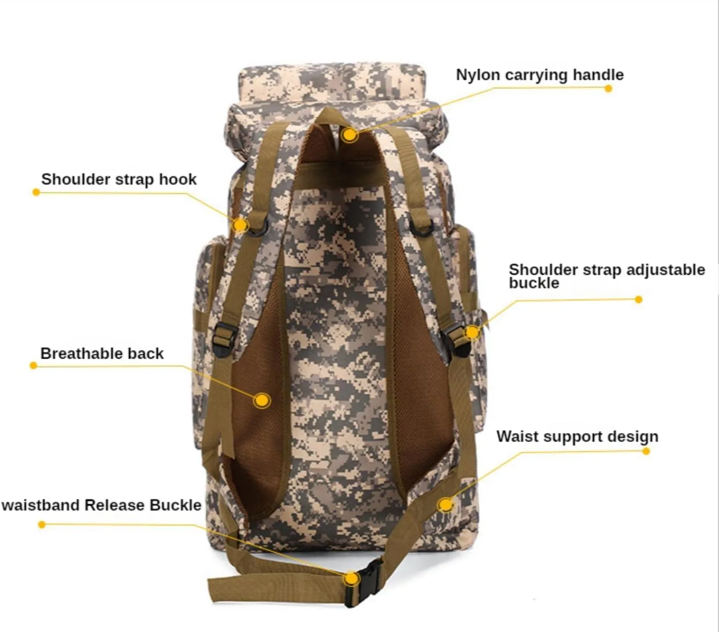80L Tactical Backpack Military Hiking Daypacks Hunting Fishing Camping Training Outdoor Waterproof Rucksack (Desert camouflage)