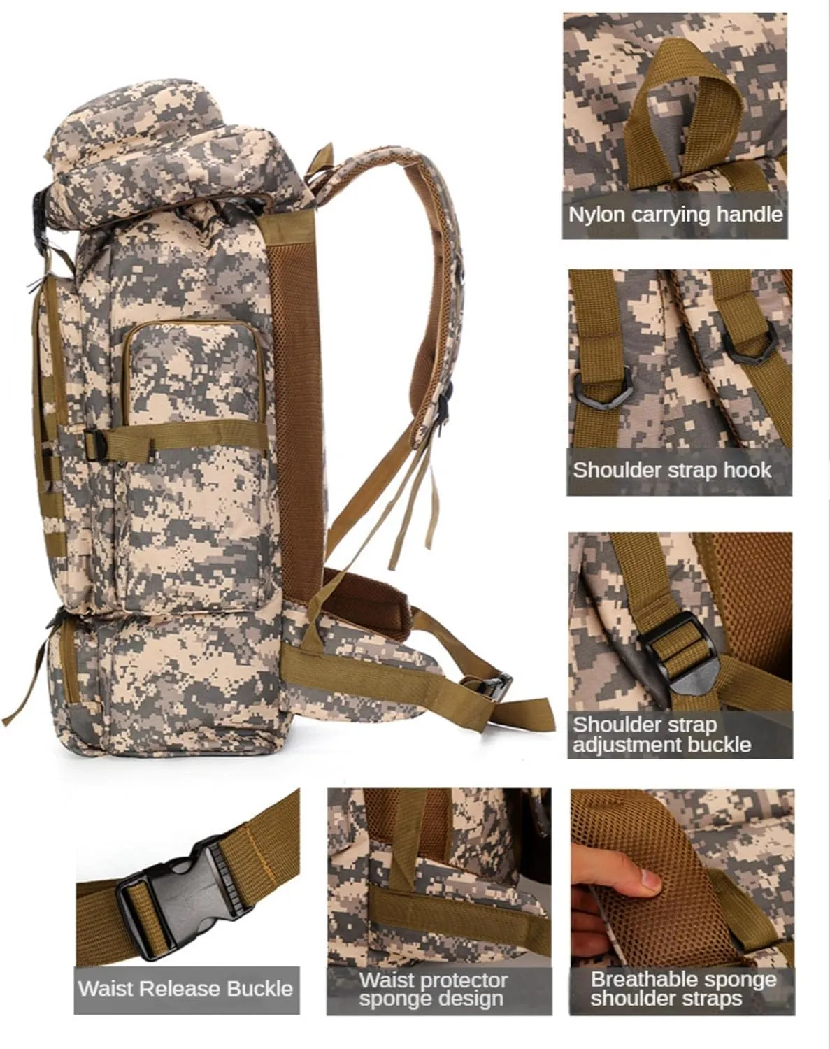 80L Tactical Backpack Military Hiking Daypacks Hunting Fishing Camping Training Outdoor Waterproof Rucksack (Desert camouflage)