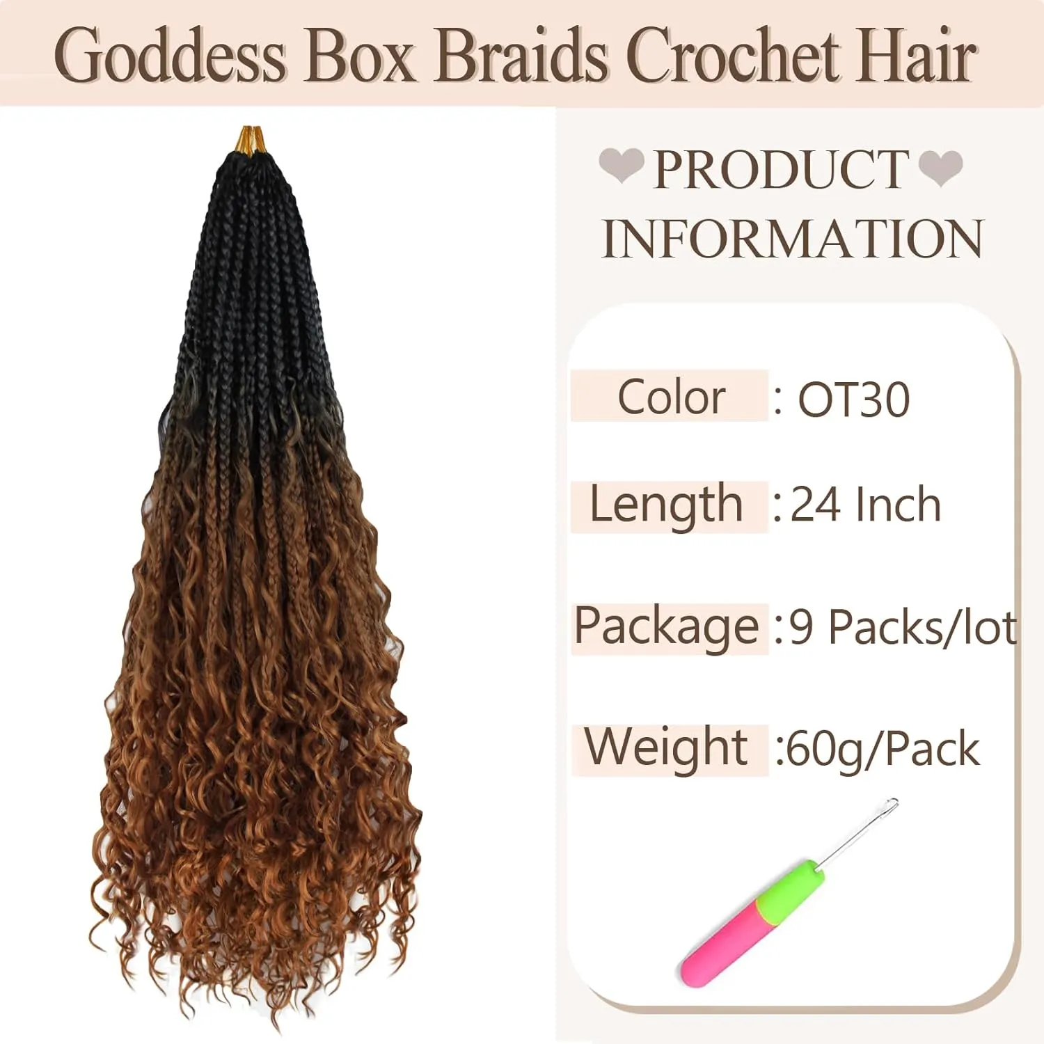 9 Packs Boho Box Braids Crochet Hair 24 Inch Goddess Box Braids Crochet Hair With Curly Ends Synthetic Bohemian Braids Hair Extension For Women (24inch, OT30)