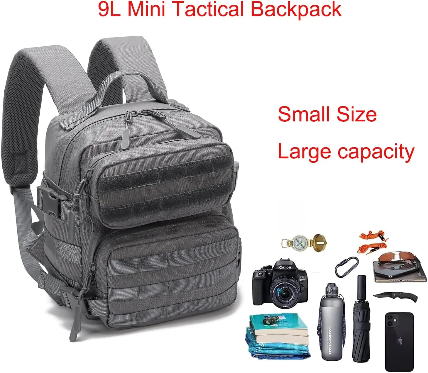 9L Mini Tactical Backpack Men Women Small Assault Rucksack Water-proof GYM Hiking Bug Out Bag with molle attachments (Gray)