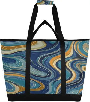 Abstract Curve Reusable Insulated Lunchbox Cooler Bag, Leakproof Kitchen Grocery Bag Collapsible Portable Cooler Tote Bag for Picnic, Camping, Office, Travel