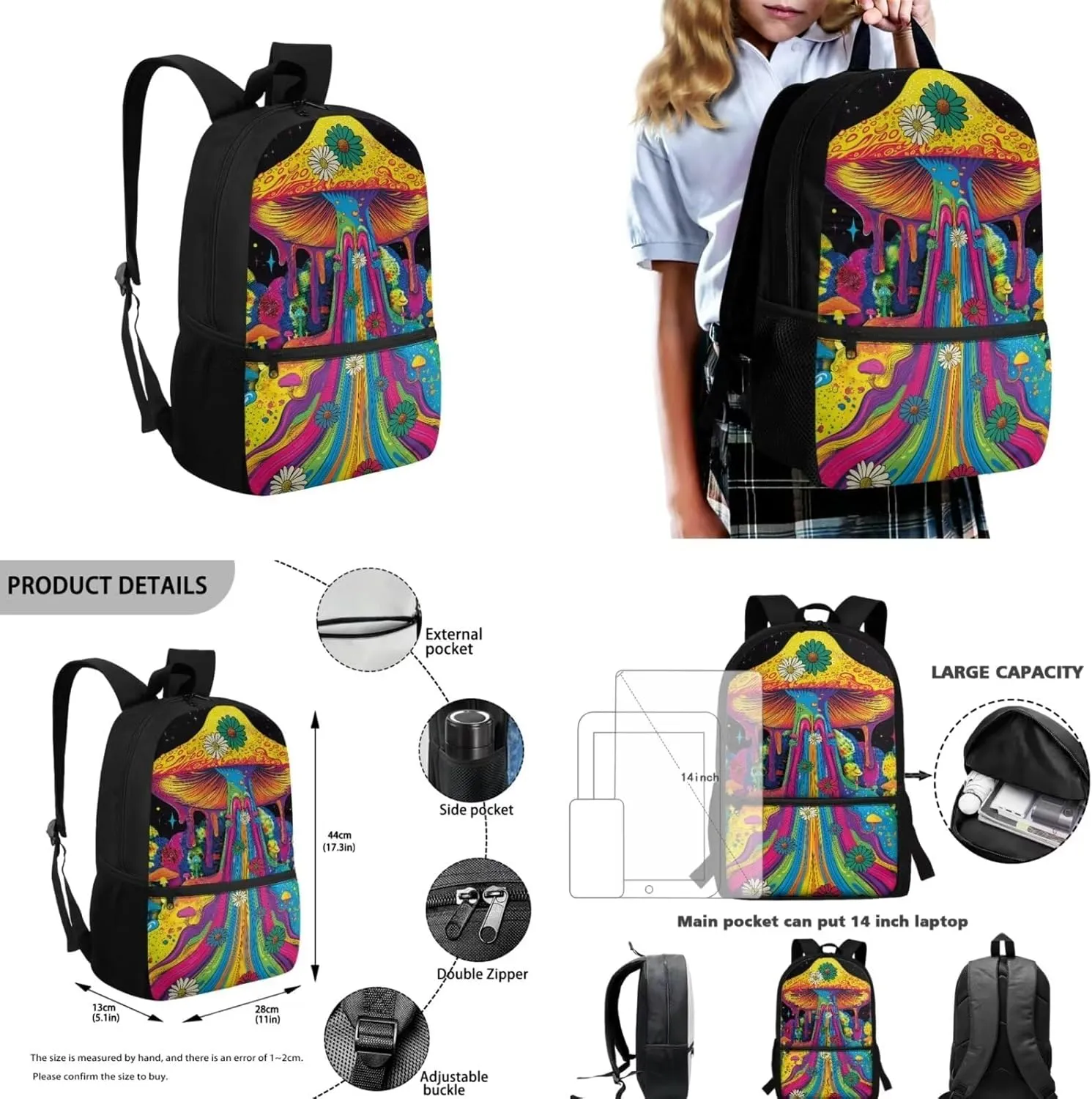 Abstract Mushroom Backpack for Kids Boys Lunch Bag Pencil Pouch with Water Bottle Sleeve, 4 in 1 School Book Bag Large Capacity Rucksack Set with Zipper Adjustable Shoudler Strap