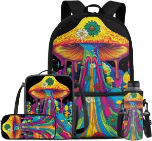 Abstract Mushroom Backpack for Kids Boys Lunch Bag Pencil Pouch with Water Bottle Sleeve, 4 in 1 School Book Bag Large Capacity Rucksack Set with Zipper Adjustable Shoudler Strap