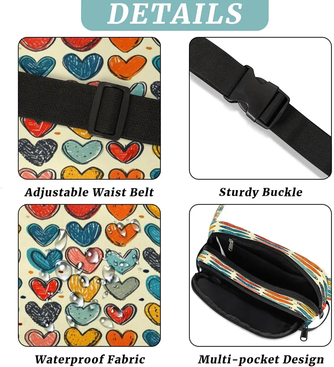 Abstraction Cute Love Printings Fanny Packs for Women Men Waterproof Waist Bag with Adjustable Strap Belt Bag for Travel Running Hiking