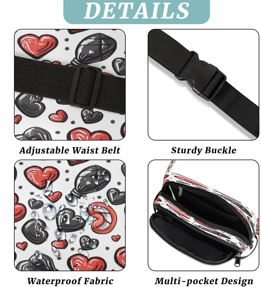 Abstraction Multi Love Printings Fanny Packs for Women Men Waterproof Waist Bag with Adjustable Strap Belt Bag for Travel Running Hiking