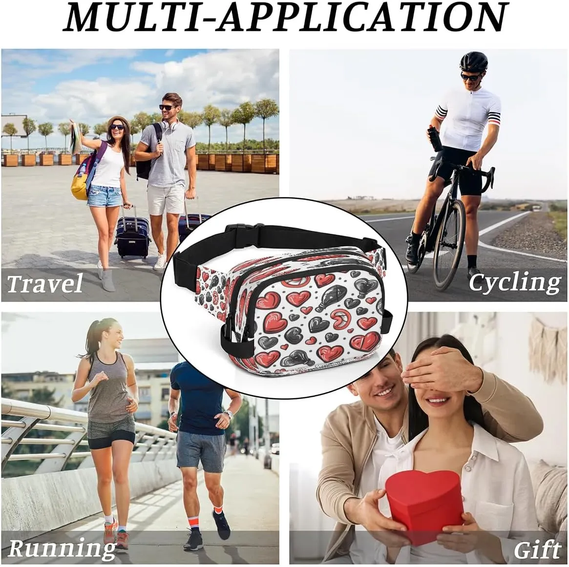 Abstraction Multi Love Printings Fanny Packs for Women Men Waterproof Waist Bag with Adjustable Strap Belt Bag for Travel Running Hiking