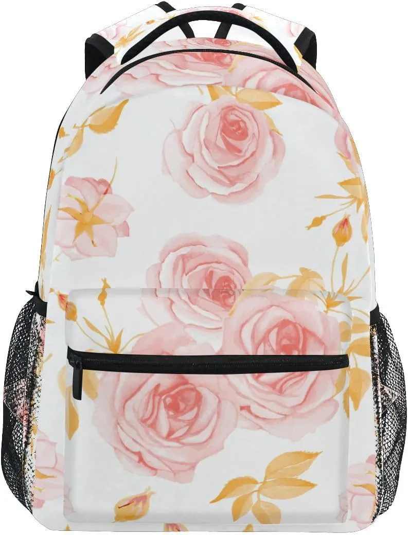 Acpiggto Backpack Daypack Rose Branches Leaves Flower Floral Pink Gold Garden Shoulder Bag With Padded Shoulder Strap