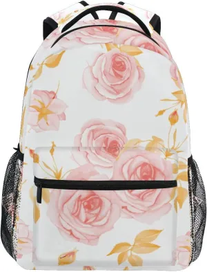 Acpiggto Backpack Daypack Rose Branches Leaves Flower Floral Pink Gold Garden Shoulder Bag With Padded Shoulder Strap