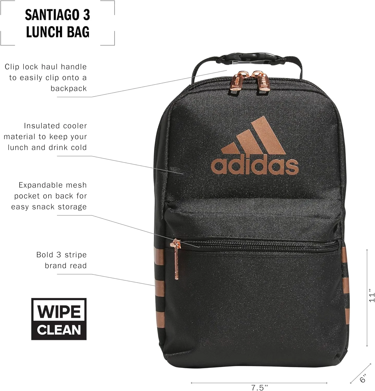 adidas Santiago Lunch Bag Cooler for Women and Men, Insulated Food Container Box with Mesh Pocket, Carbon Grey/Rose Gold/3.0, One Size