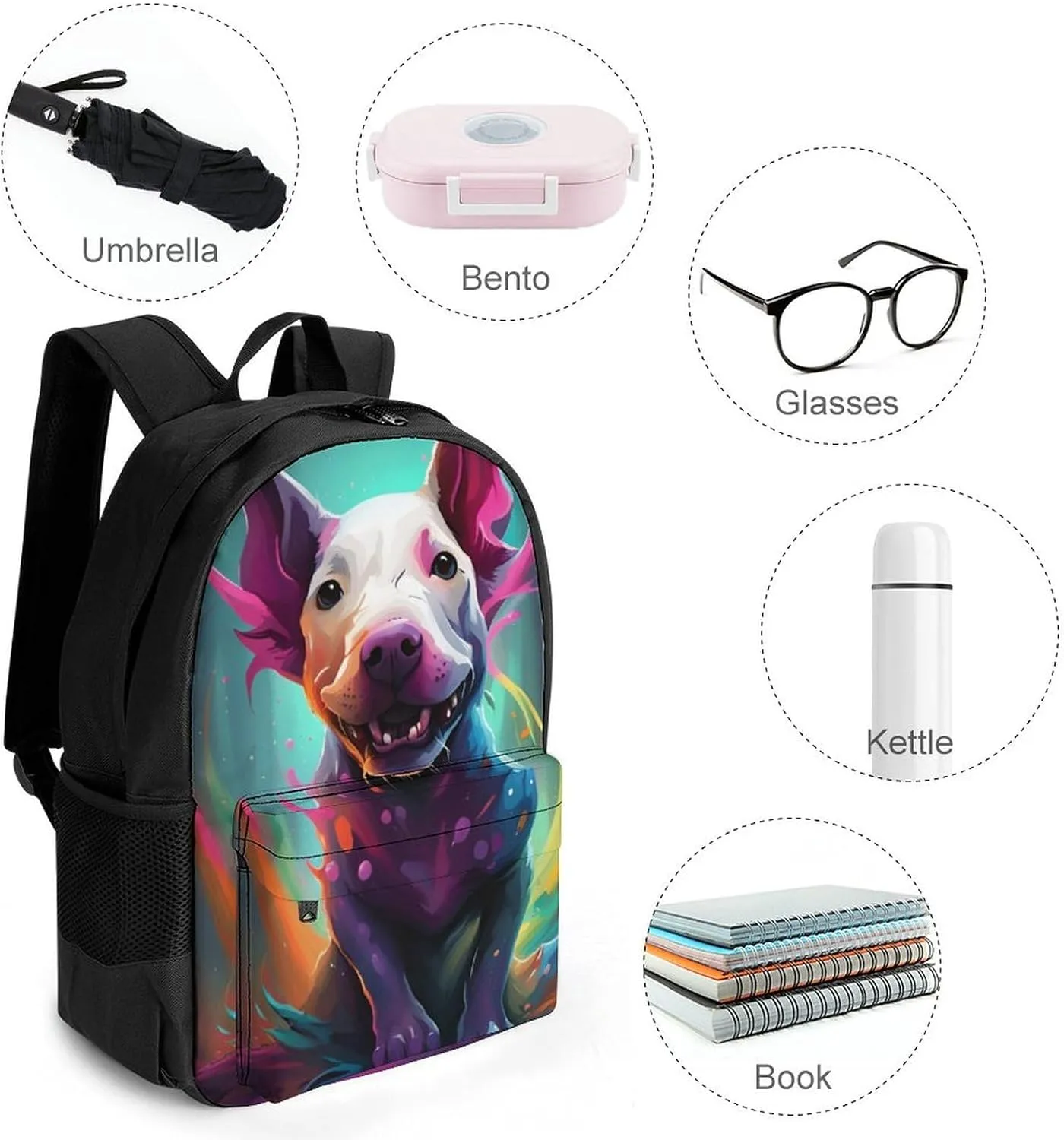 Adorable Bull Terrier Dog Art Rucksack Polyester Anti-Theft Multipurpose Carry On Bag Large Capacity Travel and Sport Backpack Rucksack With Smooth Zippers