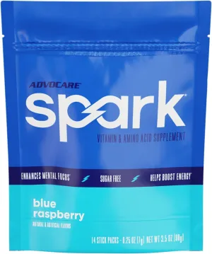 AdvoCare Spark Vitamin & Amino Acid Supplement - Focus & Energy Drink Powder Mix with Vitamin A, B-6, C & E - Also Includes L-Carnitine & L-Tyrosine - Blue Raspberry, 14 Stick Packs