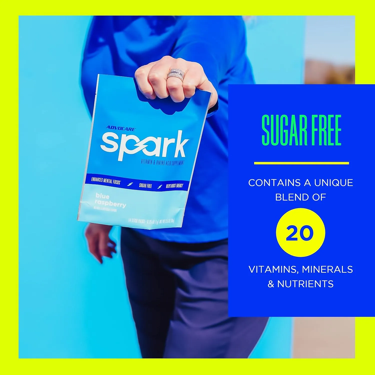 AdvoCare Spark Vitamin & Amino Acid Supplement - Focus & Energy Drink Powder Mix with Vitamin A, B-6, C & E - Also Includes L-Carnitine & L-Tyrosine - Blue Raspberry, 14 Stick Packs