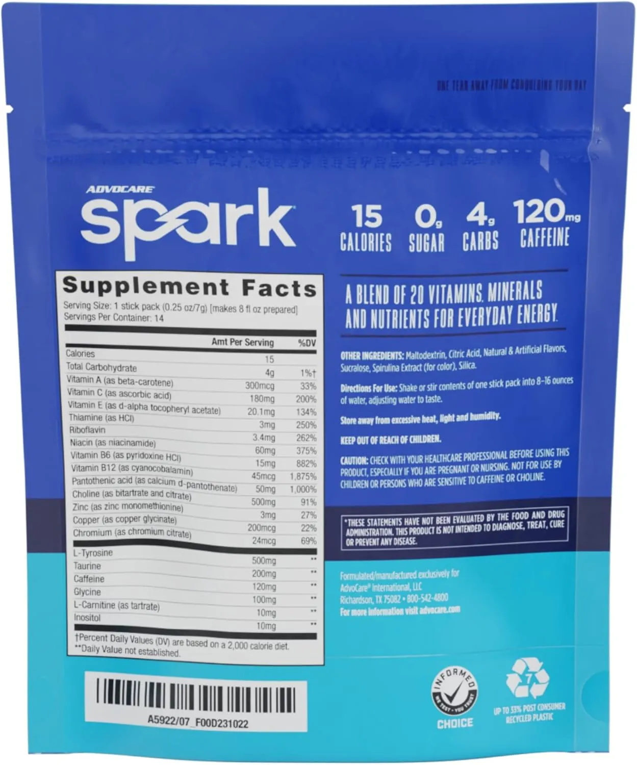 AdvoCare Spark Vitamin & Amino Acid Supplement - Focus & Energy Drink Powder Mix with Vitamin A, B-6, C & E - Also Includes L-Carnitine & L-Tyrosine - Blue Raspberry, 14 Stick Packs