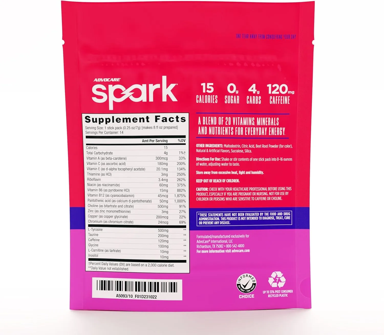 AdvoCare Spark Vitamin & Amino Acid Supplement - Focus & Energy Drink Powder Mix with Vitamin A, B-6, C & E - Also Includes L-Carnitine & L-Tyrosine - Fruit Punch, 14 Stick Packs