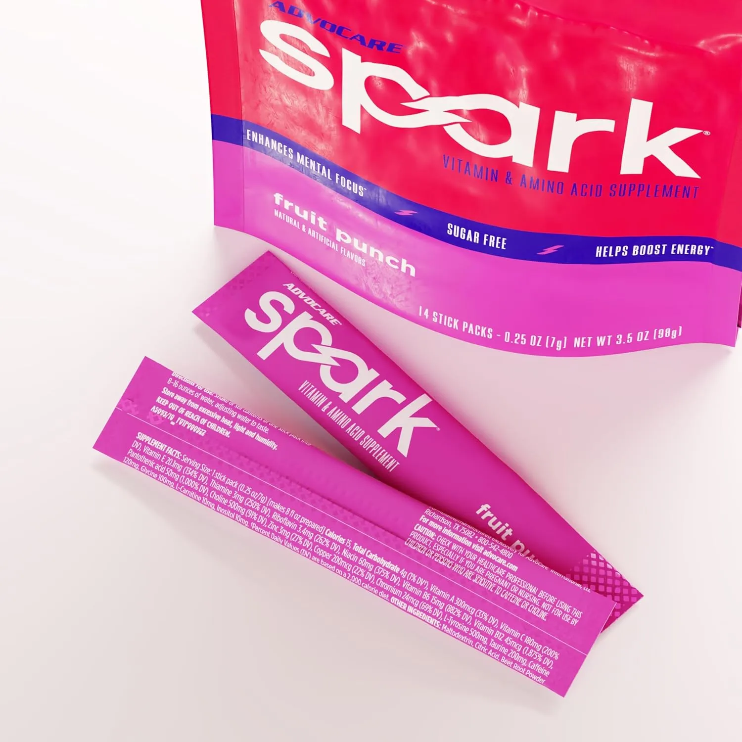 AdvoCare Spark Vitamin & Amino Acid Supplement - Focus & Energy Drink Powder Mix with Vitamin A, B-6, C & E - Also Includes L-Carnitine & L-Tyrosine - Fruit Punch, 14 Stick Packs