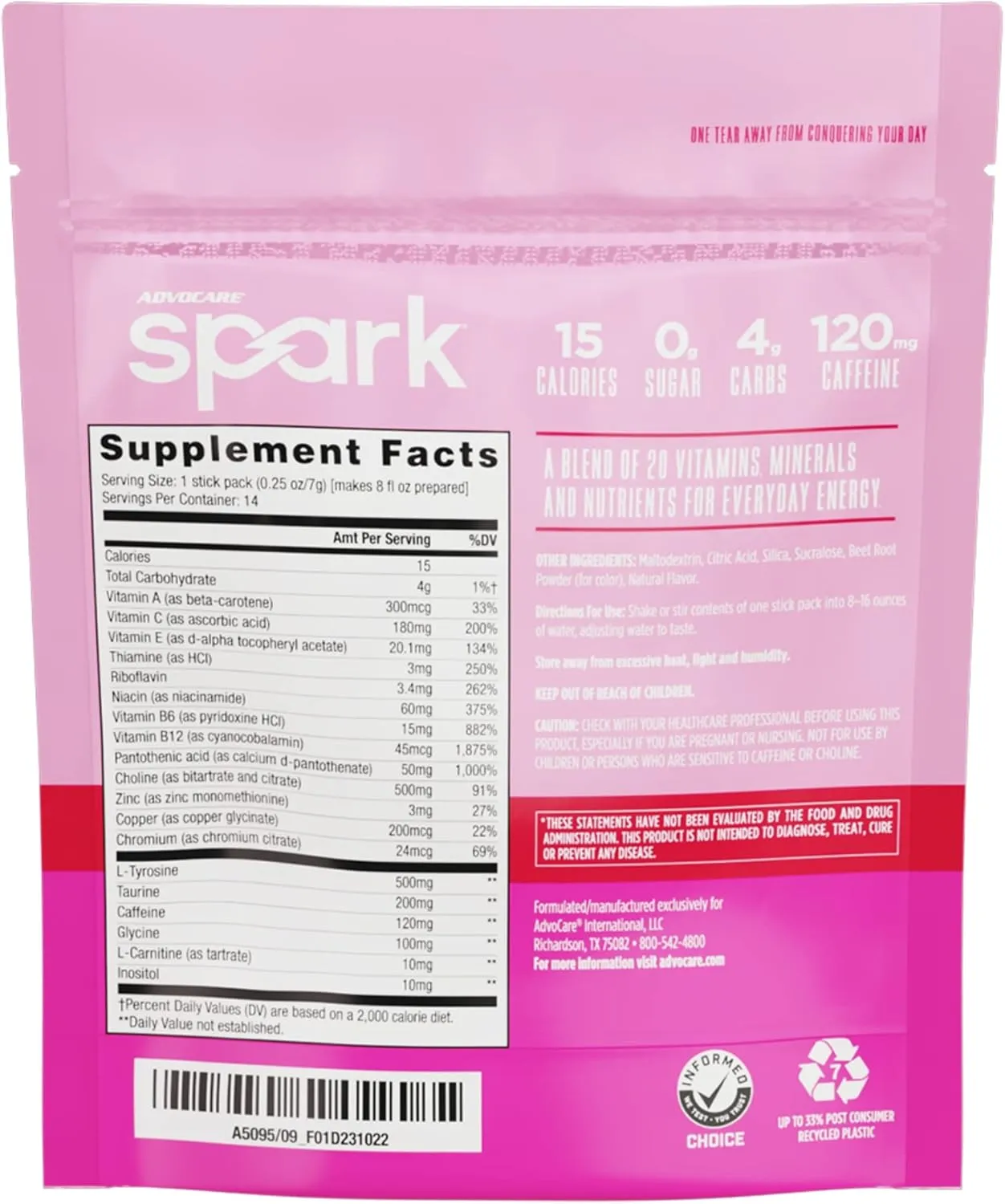 AdvoCare Spark Vitamin & Amino Acid Supplement - Focus & Energy Drink Powder Mix with Vitamin A, B-6, C & E - Also Includes L-Carnitine & L-Tyrosine - Pink Lemonade, 14 Stick Packs