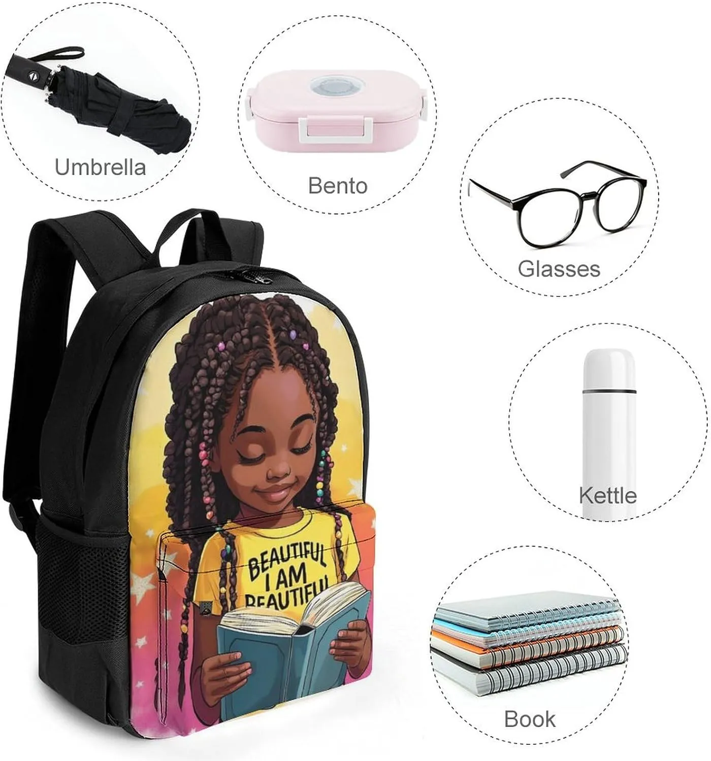 African American Black Woman Book Art Rucksack Polyester Anti-Theft Multipurpose Bookbag Big Capacity Travel and Sport Backpack Rucksack With Side Pockets