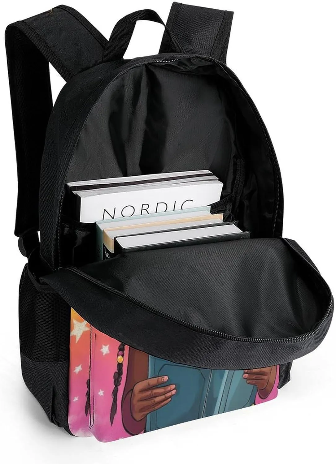 African American Black Woman Book Art Rucksack Polyester Anti-Theft Multipurpose Bookbag Big Capacity Travel and Sport Backpack Rucksack With Side Pockets
