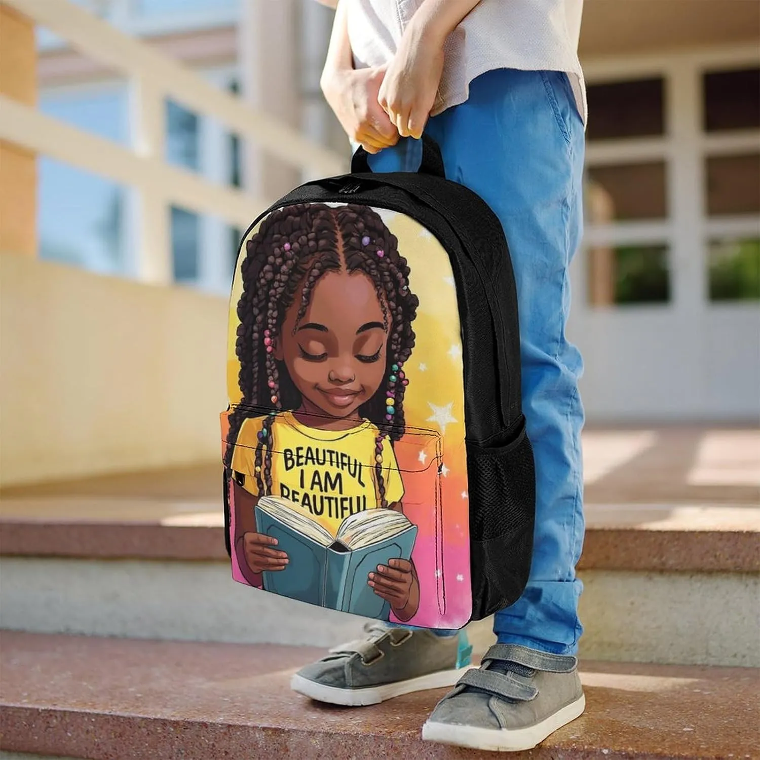 African American Black Woman Book Art Rucksack Polyester Anti-Theft Multipurpose Bookbag Big Capacity Travel and Sport Backpack Rucksack With Side Pockets