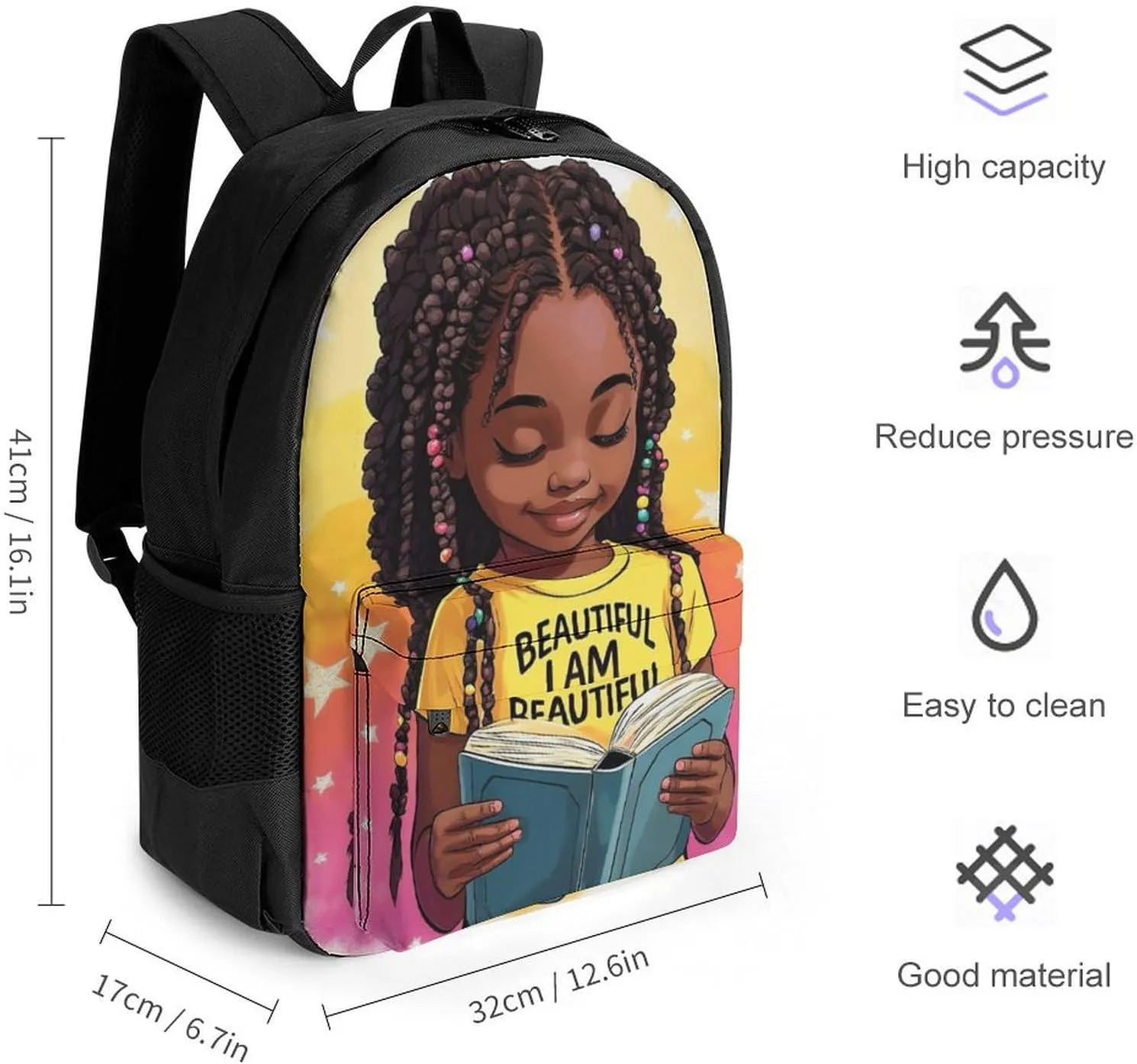 African American Black Woman Book Art Rucksack Polyester Anti-Theft Multipurpose Bookbag Big Capacity Travel and Sport Backpack Rucksack With Side Pockets