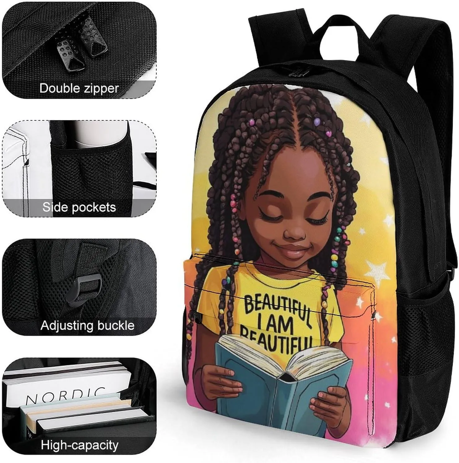 African American Black Woman Book Art Rucksack Polyester Anti-Theft Multipurpose Bookbag Big Capacity Travel and Sport Backpack Rucksack With Side Pockets