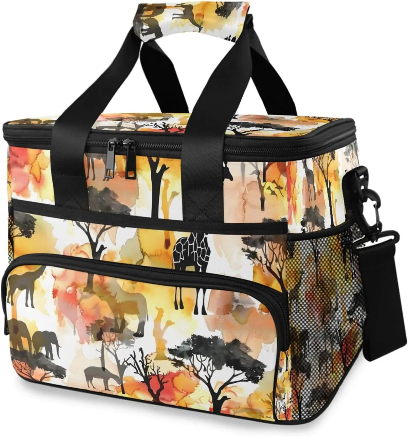 African Animals Silhouettes Leaf Cooler Bag Insulated Cooler Soft Sided Cooler 24 Can Portable Picnic Bag Large Leakproof Lunch Bag Box for Beach Grocery Camping Travel Car Men Women