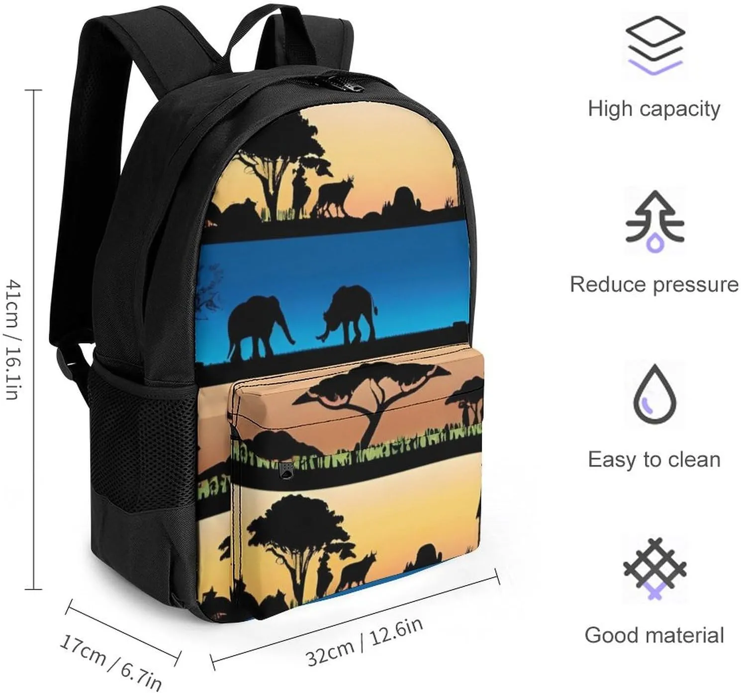 African Wild Animals Acacia Trees Art Rucksack Polyester Anti-Theft Multipurpose Bookbag Big Capacity Travel and Sport Backpack Rucksack With Side Pockets