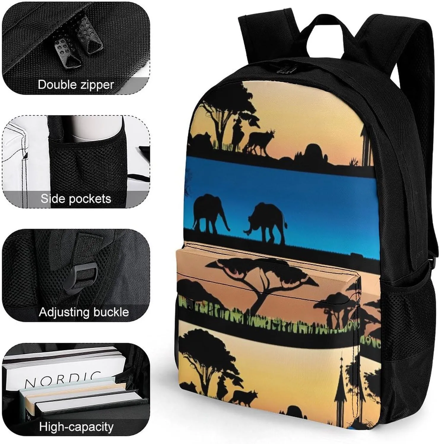 African Wild Animals Acacia Trees Art Rucksack Polyester Anti-Theft Multipurpose Bookbag Big Capacity Travel and Sport Backpack Rucksack With Side Pockets