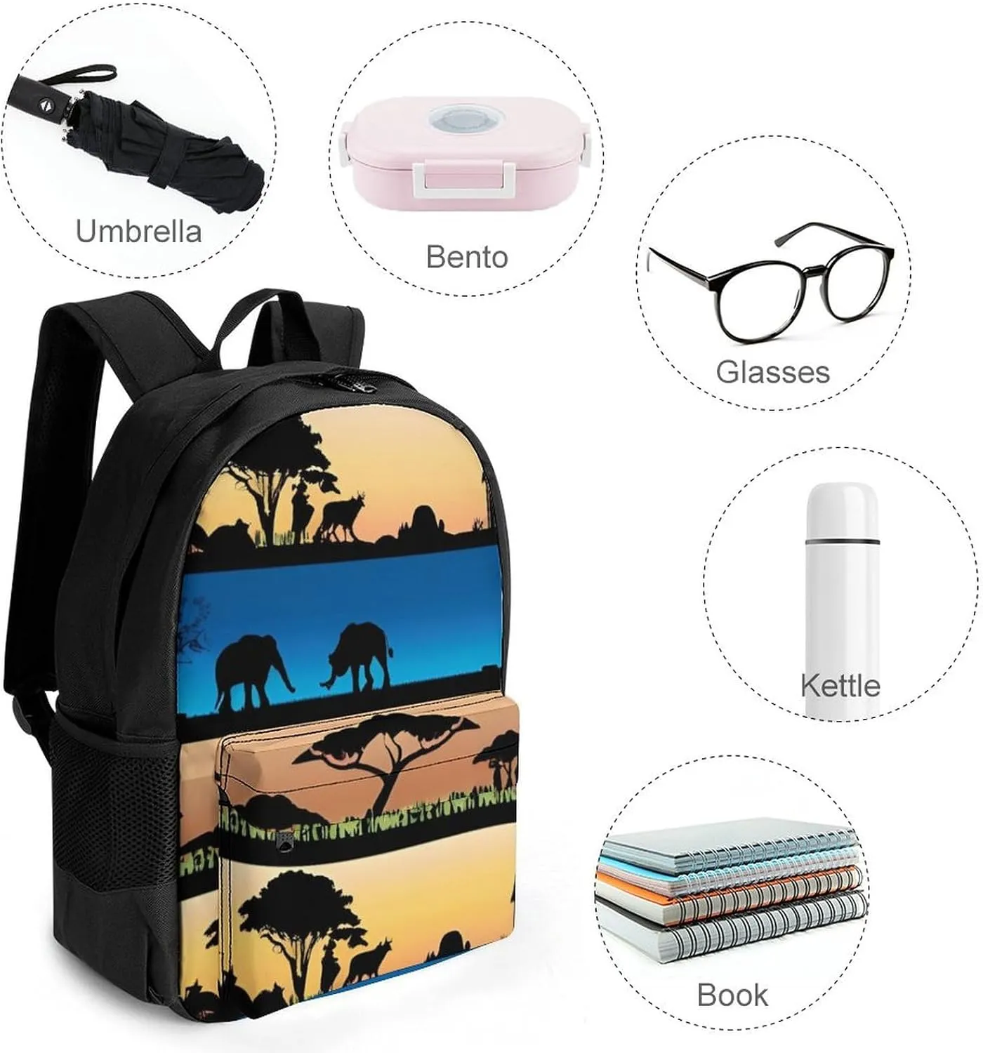 African Wild Animals Acacia Trees Art Rucksack Polyester Anti-Theft Multipurpose Bookbag Big Capacity Travel and Sport Backpack Rucksack With Side Pockets