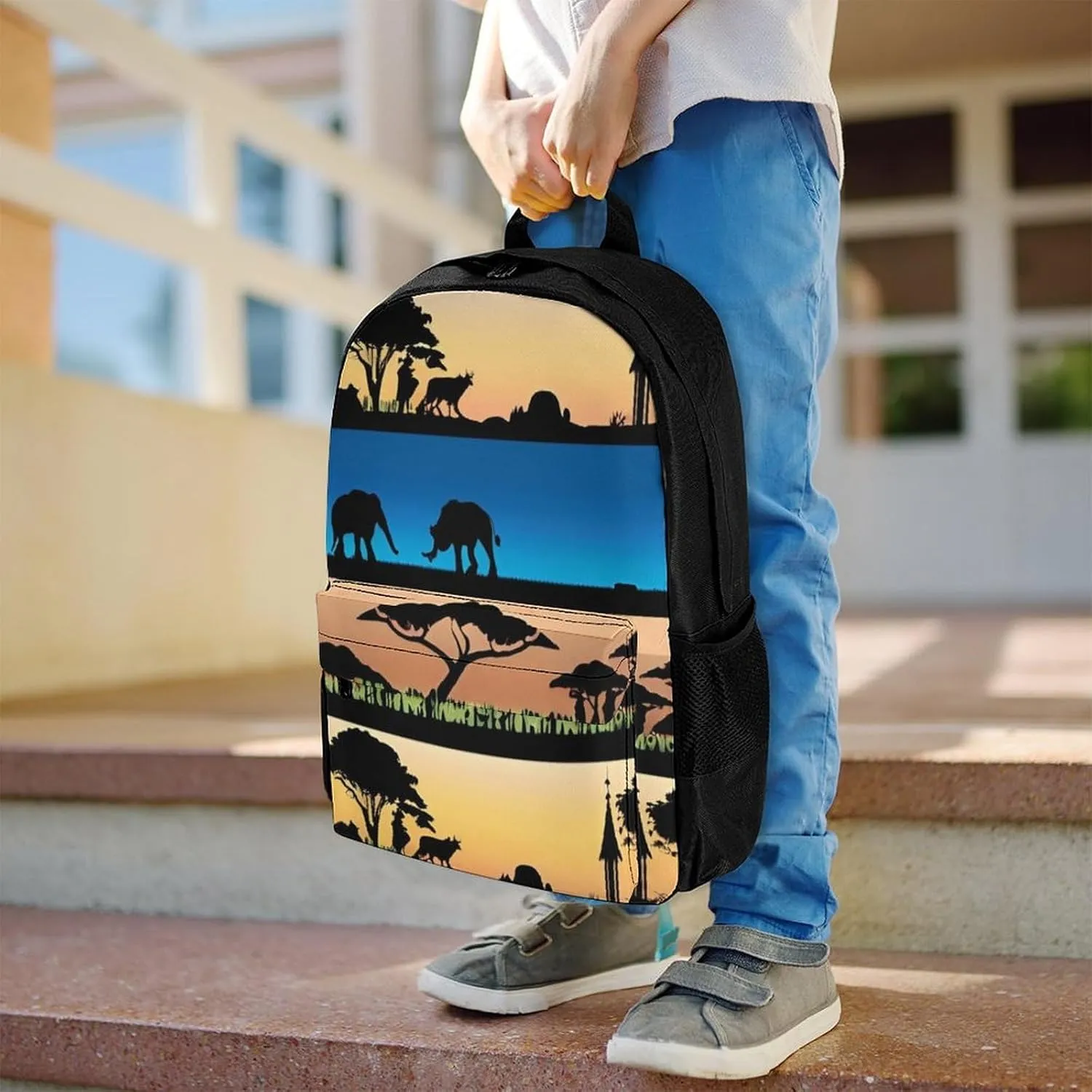 African Wild Animals Acacia Trees Art Rucksack Polyester Anti-Theft Multipurpose Bookbag Big Capacity Travel and Sport Backpack Rucksack With Side Pockets