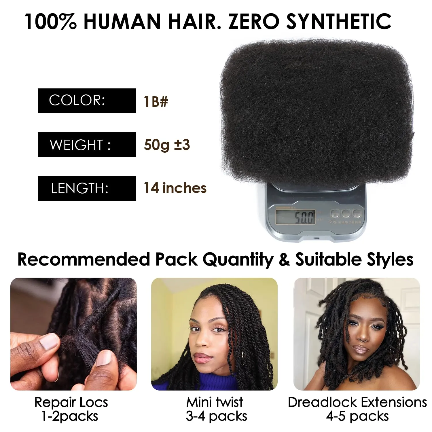 Afro Kinkys Bulk Human Hair 14 Inch 50g, Natural Black 100% Real 4c Kinky Curly Human Hair For Mini Twists, Braiding, Micro Locs, Repair Locs, And Dreadlock Extensions(1B#, 14inch, 1pack)