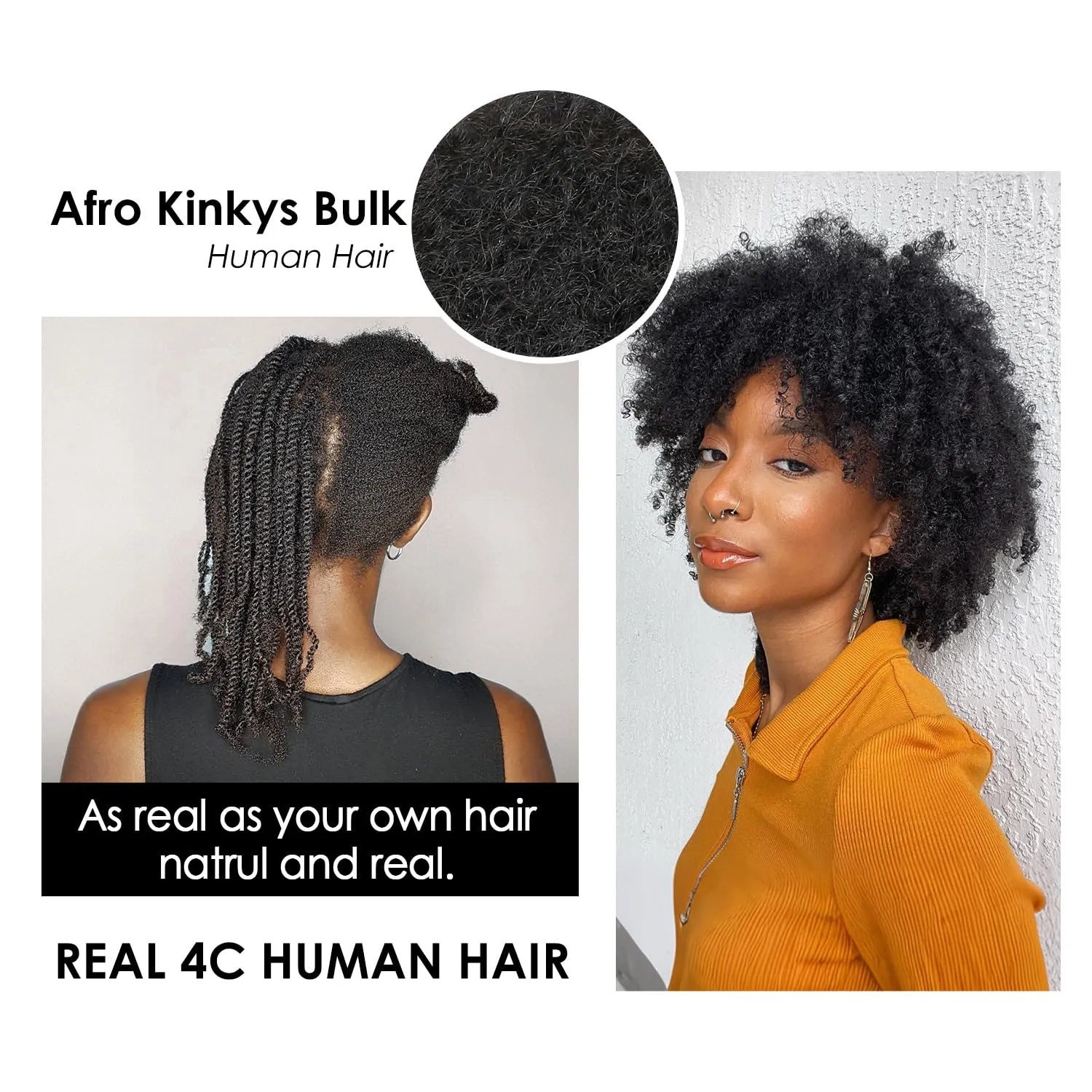 Afro Kinkys Bulk Human Hair 14 Inch 50g, Natural Black 100% Real 4c Kinky Curly Human Hair For Mini Twists, Braiding, Micro Locs, Repair Locs, And Dreadlock Extensions(1B#, 14inch, 1pack)