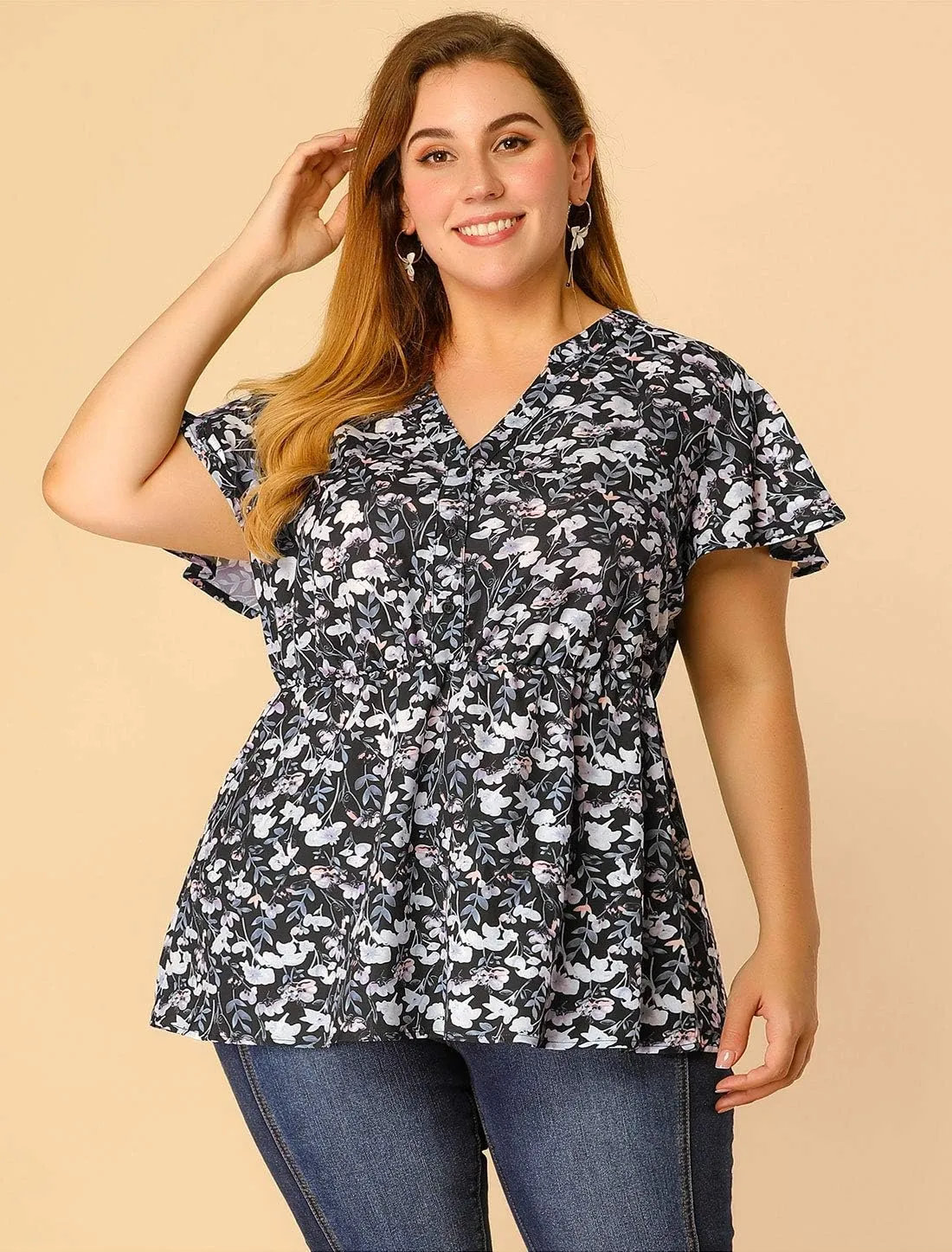 Agnes Orinda Women's Plus Size Floral Tops Elastic Waist Lightweight Chiffon Blouses 2024 Summer Tops