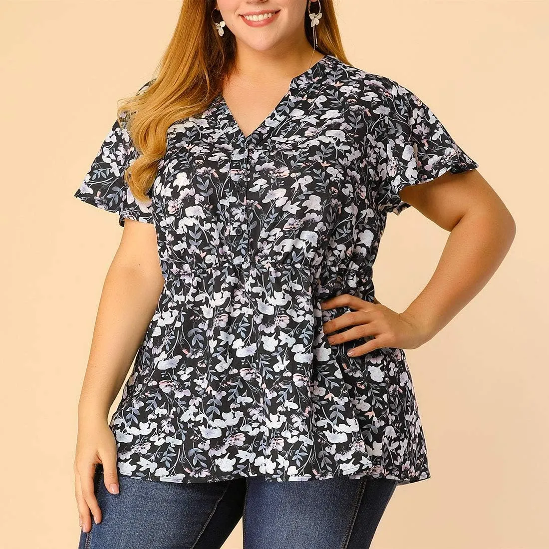 Agnes Orinda Women's Plus Size Floral Tops Elastic Waist Lightweight Chiffon Blouses 2024 Summer Tops