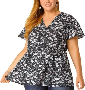 Agnes Orinda Women's Plus Size Floral Tops Elastic Waist Lightweight Chiffon Blouses 2024 Summer Tops