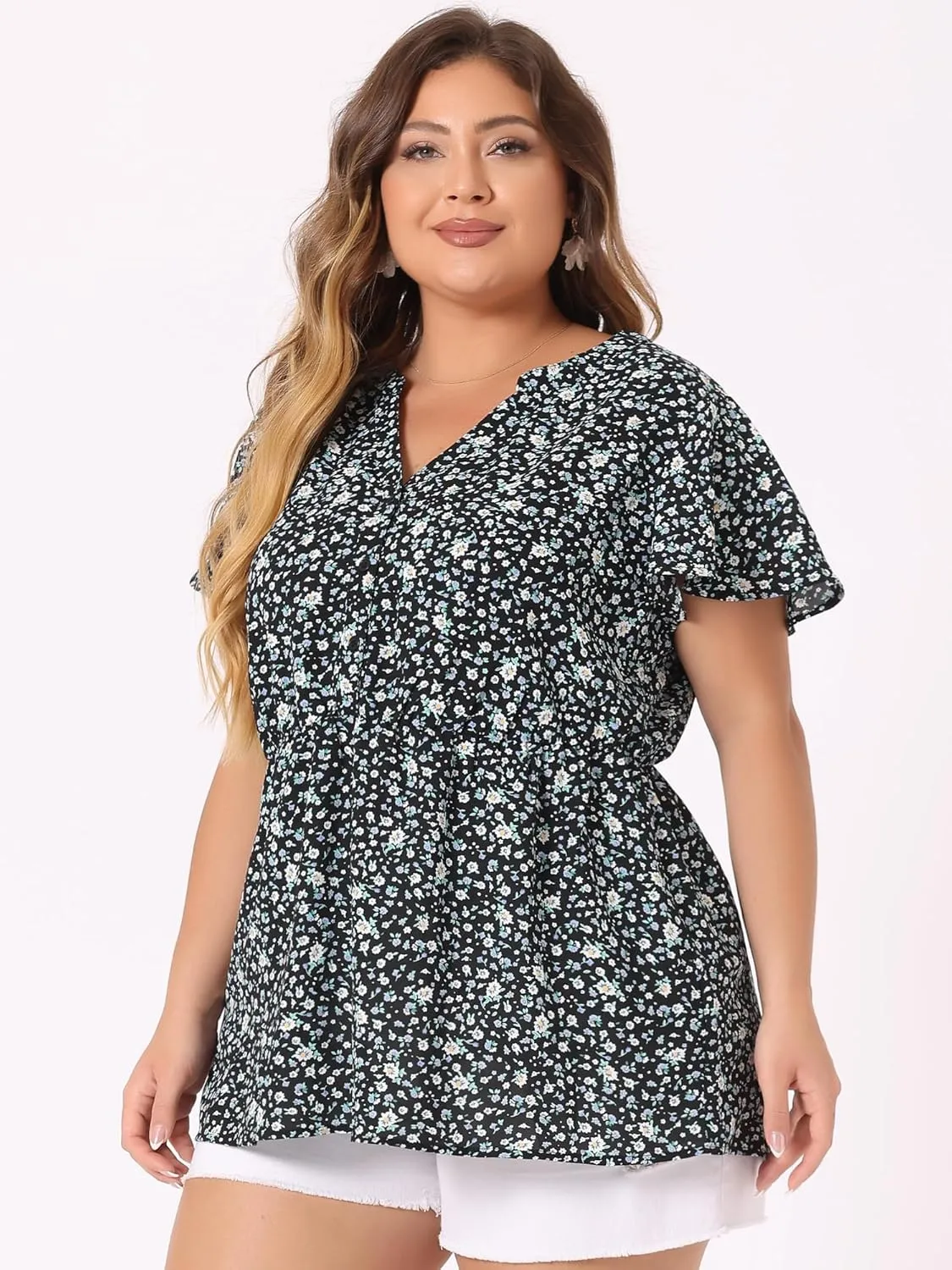 Agnes Orinda Women's Plus Size Floral Tops Elastic Waist Lightweight Chiffon Blouses 2024 Summer Tops