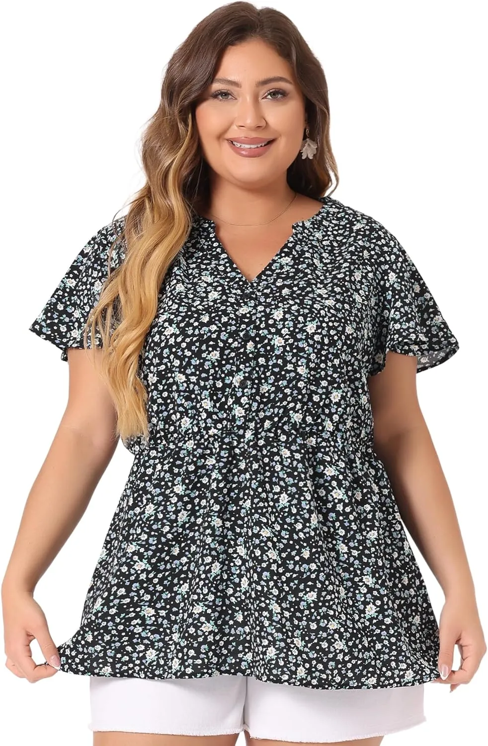 Agnes Orinda Women's Plus Size Floral Tops Elastic Waist Lightweight Chiffon Blouses 2024 Summer Tops