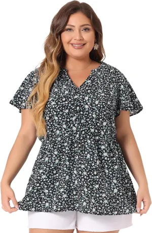 Agnes Orinda Women's Plus Size Floral Tops Elastic Waist Lightweight Chiffon Blouses 2024 Summer Tops