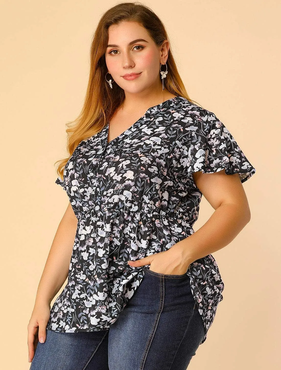 Agnes Orinda Women's Plus Size Floral Tops Elastic Waist Lightweight Chiffon Blouses 2024 Summer Tops