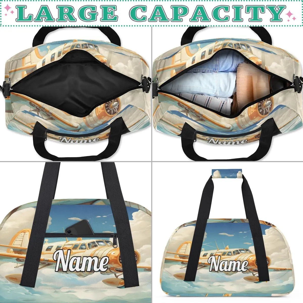Airplane Clouds Pattern Personalized Dance Bag for Girls Boys Sport Duffel Bag with Your Name Kids Gymnastics Travel Bags