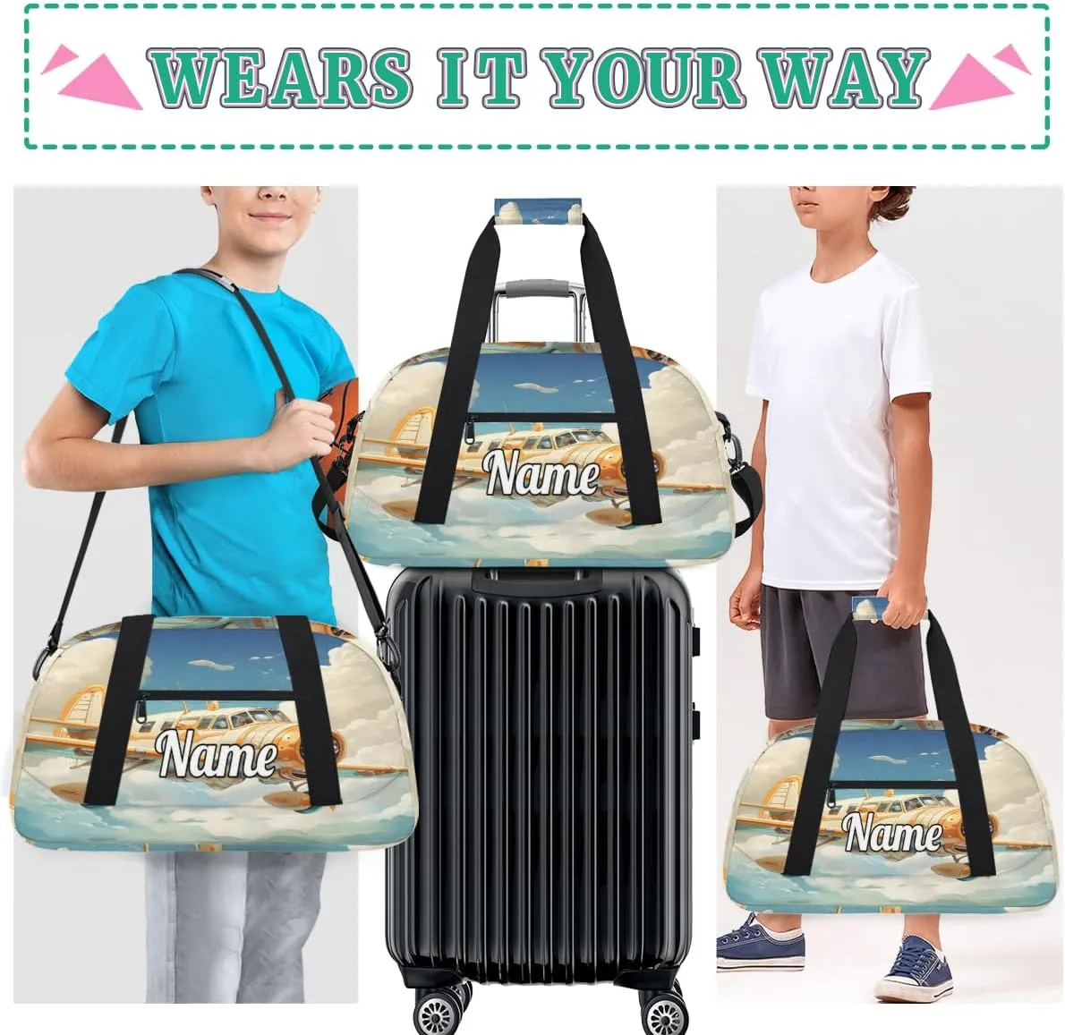 Airplane Clouds Pattern Personalized Dance Bag for Girls Boys Sport Duffel Bag with Your Name Kids Gymnastics Travel Bags