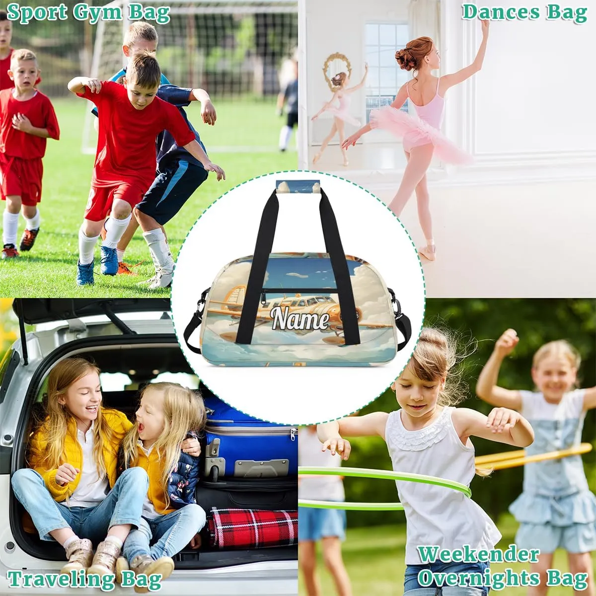 Airplane Clouds Pattern Personalized Dance Bag for Girls Boys Sport Duffel Bag with Your Name Kids Gymnastics Travel Bags