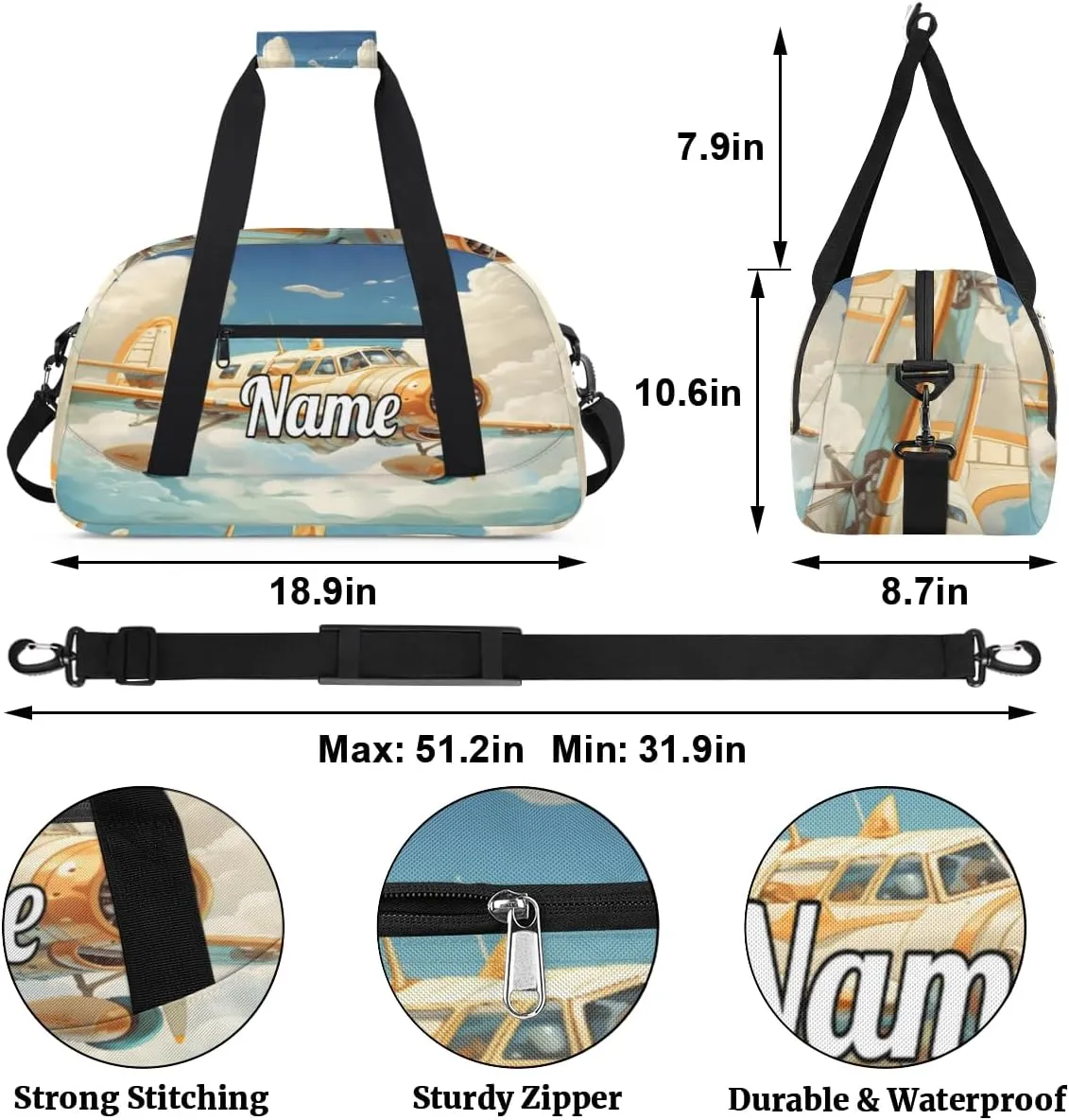 Airplane Clouds Pattern Personalized Dance Bag for Girls Boys Sport Duffel Bag with Your Name Kids Gymnastics Travel Bags