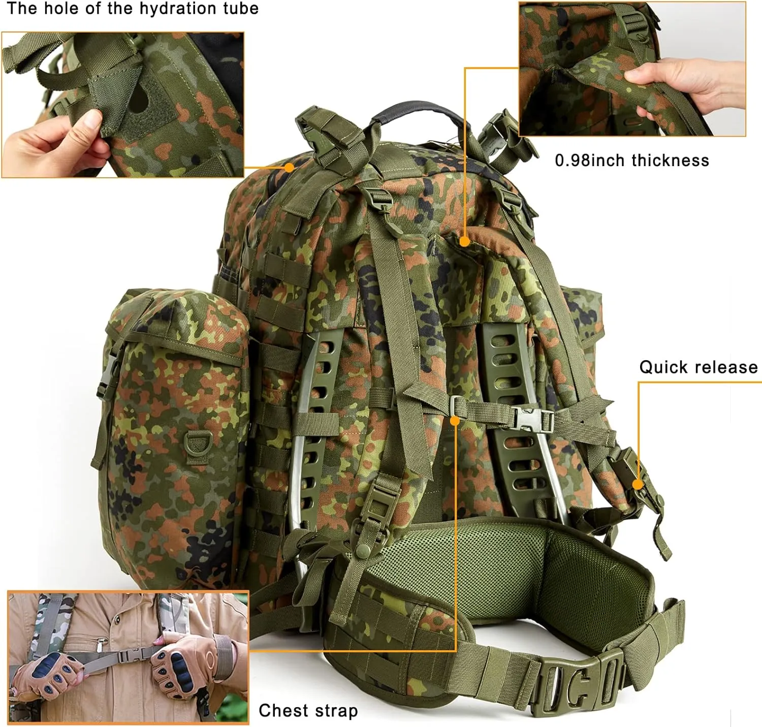 Akmax MOLLE II Medium Rucksack Military Tactical Backpack with Detachable Side Pouches & Upgraded Frame for Enhanced Comfort
