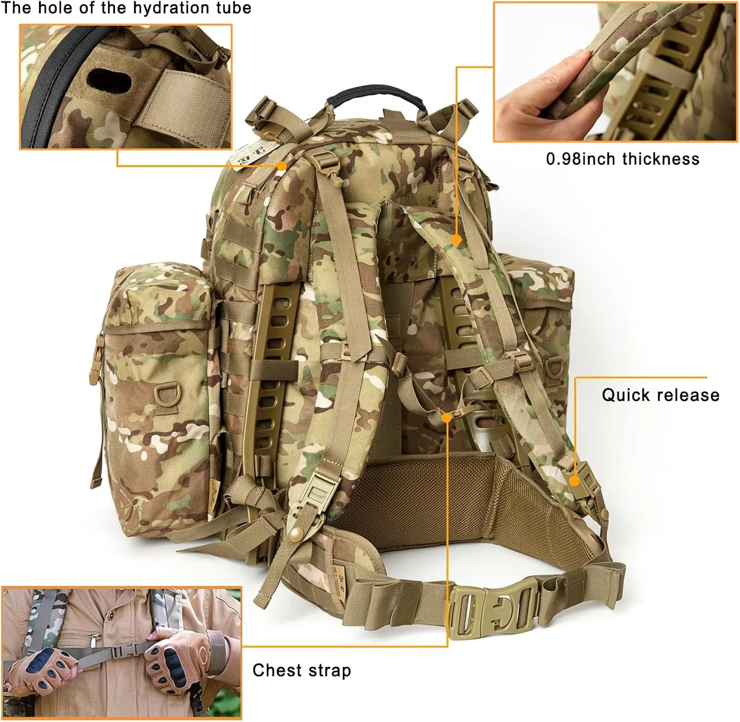 Akmax MOLLE II Medium Rucksack Military Tactical Backpack with Detachable Side Pouches & Upgraded Frame for Enhanced Comfort