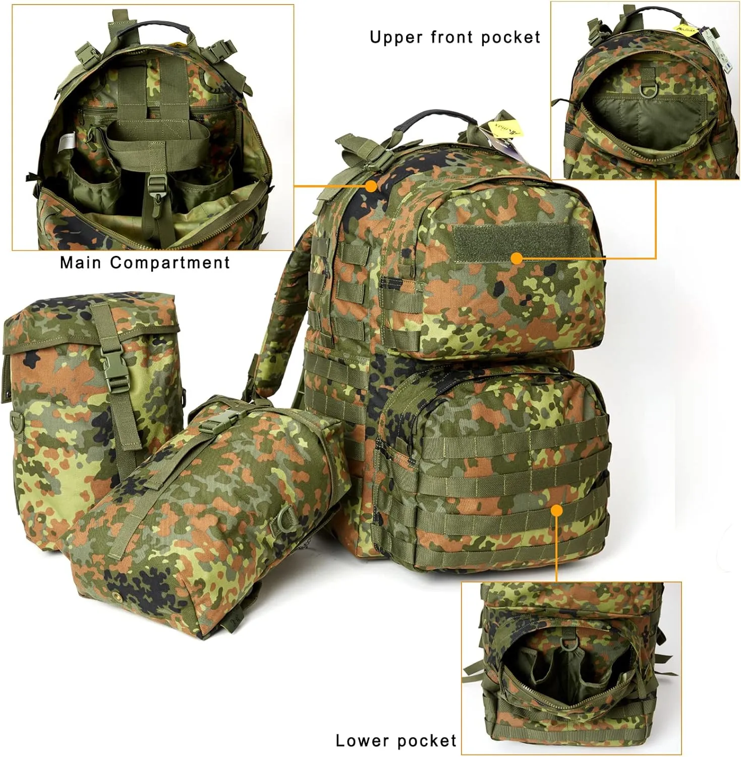 Akmax MOLLE II Medium Rucksack Military Tactical Backpack with Detachable Side Pouches & Upgraded Frame for Enhanced Comfort