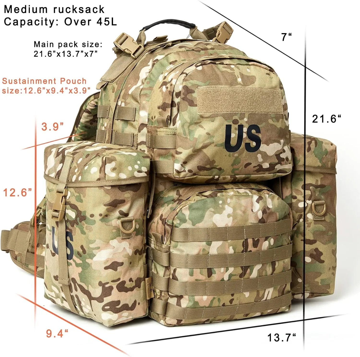 Akmax MOLLE II Medium Rucksack Military Tactical Backpack with Detachable Side Pouches & Upgraded Frame for Enhanced Comfort