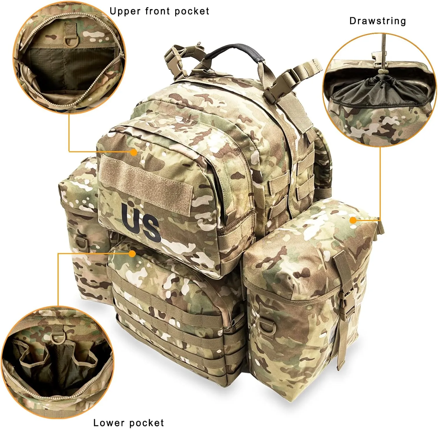Akmax MOLLE II Medium Rucksack Military Tactical Backpack with Detachable Side Pouches & Upgraded Frame for Enhanced Comfort